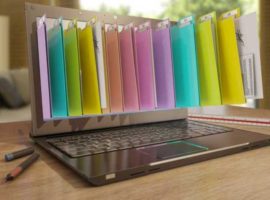 file in database - laptop with folders, 3d rendering