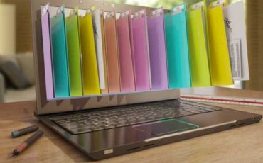 file in database - laptop with folders, 3d rendering